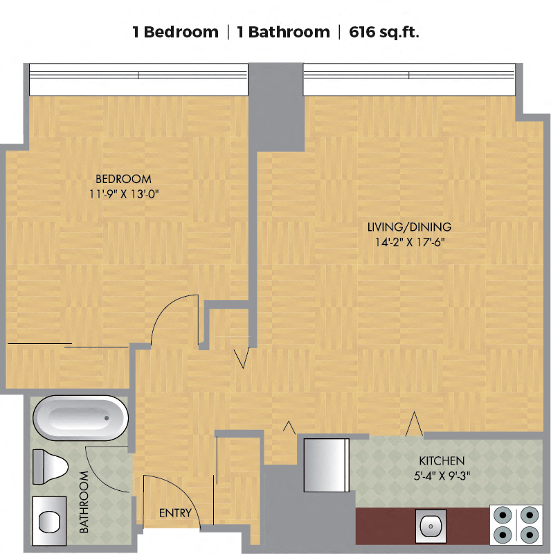 Floor plan for 1 bed, 1 bath, 616 sqft
